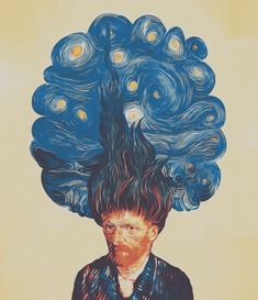 a painting of a man with his hair in the shape of a tree on top of him