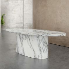 an oval marble table in a room with concrete walls and flooring, along with a potted plant