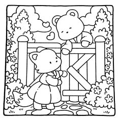 a black and white drawing of two bears in front of a gate with flowers on it