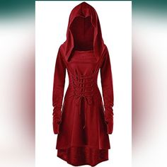 Paxtore Womens Renaissance Costumes Hooded Robe Lace Up Halloween Medieval Cosplay Cloak Vintage High Low Pullover Dress Color: Burgundy Size:Xxl Fabric Type 95% Polyester, 5% Spandex Care Instructions Machine Wash Origin Imported About This Item Material: Polyester, Spandex. Features: High Low Hem, Draped Collar, Lace Up Front And Back, Oversized Hoodie, And Long Sleeves With Thumb Hole. Halloween Renaissance Costumes For Women And Juniors. Fashion And Gothic Style, Combined With The Solid Colo Fitted Long Sleeve Winter Costume, Hooded Dresses For Winter Costume Party, Vampire Long Sleeve Costume For Fall, Fall Vampire Costume With Long Sleeves, Vampire Style Long Sleeve Dresses For Fall, Vampire Style Long Sleeve Fall Dresses, Gothic Hoodie For Halloween Cosplay, Fitted Long Sleeve Fall Costumes, Hooded Fitted Dress For Cosplay