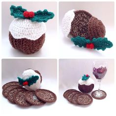 crocheted cupcakes with holly decorations and wine glass cozyies for christmas