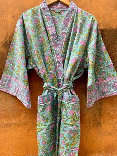 "Bridesmaid robe, Kimono robe, Loungewear, dressing gown, Cotton robe, plus size robe, Christmas gift, kaftan robe, Boho robe, Kimono kaftan Beautiful Blockprint PURPLE TULIPS with white piping and floral placeets- Handmade ROBE with white piping, two front pockets and matching belt. All robes and kaftans are made to measure- tailored only for you! I have made this beautiful robe in Indian hand block print and ultrasoft premium cotton which is breathable and free-flowing , perfect for all sizes Green Bohemian Floral Robe, Summer Block Print Kimono With Kimono Sleeves, Traditional Block Print Kimono For Vacation, Blue Floral Print Beach Robe, Blue Bohemian Sleepwear For Home, Bohemian Printed Kimono, Bohemian Printed Home Kimono, Bohemian Style Home Robe, Blue Kimono Sleeve Robe For Home