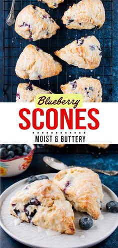 blueberry scones on a white plate with the title above it