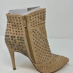 Brand New And Comes In A Box. Spring Faux Leather Boots With 4-inch Heel, Beige Faux Leather Heels With Round Toe, Beige Almond Toe Party Boots, Spring Pointed Toe Studded Boots, Beige Heels For Night Out In Fall, Beige Heels For Fall Night Out, Party Beige Faux Leather Boots, High Heel Studded Spring Boots, High Heel Studded Boots For Spring