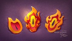 three different types of fire and flames on a purple background, with the letter o in the middle