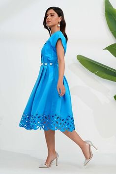 Blue sculpted dress with cutwork details and crystal detailed waistline and hem. - Aza Fashions Sculpted Dress, Embellished Midi Dress, Cut Work, Women Dresses, Aza Fashion, Dresses Midi, Midi Dress, Satin, Womens Dresses