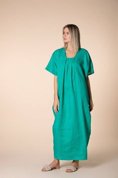 Green Beach Dress, Linen Caftan, Linen Beach Dress, Maxi Dress Linen, Linen Loose Dress, Linen Kaftan, Green Linen Dress, Dress Emerald Green, Dress Kaftan