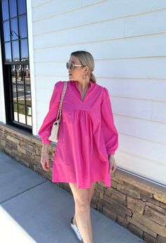 This fun and bright shirt dress is the perfect throw-on outfit for Spring. Effortless and easy, dress it up with some heeled sandals or keep it casual with sneakers. Annalee wears the size Medium. Details: 100% Cotton High Neck Shirt Dress High Neck Shirt, Pink Shirt Dress, Pink Babydoll Dress, High Neck Shirts, Outfit For Spring, Pink Babydoll, Shirt Dress Outfit, Easy Dress, Women Outfit