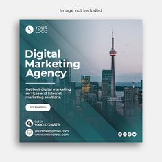 a flyer with the words digital marketing agency on it and a cityscape in the background