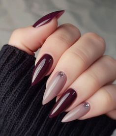 Deep Red Nails Designs Burgundy, Dark Red Nail Designs Burgundy, Fall Oval Nails Design, Almond Fall Acrylic Nails, Fall Ombre Nails Burgundy, Dark Nails For Fall, Berry Nails Design, Aubergine Nails, Fall Stiletto Nails Design