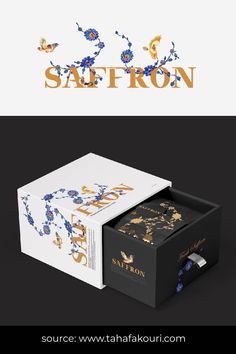 the packaging design for saffron is shown in two different colors and font options