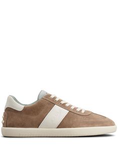 almond beige/white calf suede panelled design side stripe detailing debossed logo to the side logo-print tongue embossed detail round toe front lace-up fastening contrasting heel counter branded insole flat rubber sole Designer Suede Low-top Sneakers, Suede Sneakers With Leather Trim, Low-top Suede Sneakers With Brogue Detailing, Suede Slip-on Sneakers With Stitched Sole, Brown Suede Slip-on Sneakers With Textured Sole, Debossed Logo, Balenciaga Track, Balenciaga Triple S, Suede Sneakers