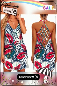 Women's Sexy Hollow Suspender Party Dress Backless Hawaiian Style Floral Print Sling Cutout Vestidos Summer Women's Dress Red V-neck Backless Summer Dress, Stretch Backless Dress With Spaghetti Straps For Beach, Strappy Stretch Beach Dress, Summer Stretch Dress With Straps, Stretch Halter Dress With Spaghetti Straps For Beach, Stretch Dresses With Adjustable Straps For Vacation, Stretch Backless Halter Dress For Vacation, Halter Neck Backless Dress With Adjustable Straps For Vacation, Beach Dresses With Adjustable Stretch Straps