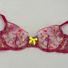 Gorgeous And Unique Lace / Mesh Bra With Neon Colored Embroidered Flowers. Size 34d. Brand New With Tags. Never Worn. Colorful Bras, Embroidered Bra, Dressy Hats, Silk Bra, Demi Cup Bra, Suspenders Set, Strappy Bra, Mesh Bra, Pink Lingerie