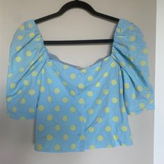 -Crop Top -Button Front -Lightweight -Can Be Worn On Or Off Shoulder -Size M -Never Worn!! Cute Blue Button-up Top, Cute Blue Tops With Button Closure, Front Crop Top, On Or Off, Yellow Blue, Perfect Summer, Blue Yellow, Off Shoulder, Color Blue