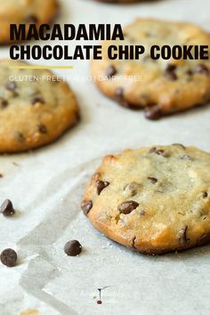 chocolate chip cookies on parchment paper with text overlay that reads, macadamia chocolate chip cookie