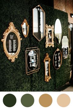 there are many mirrors on the wall and one is gold, black, white or green