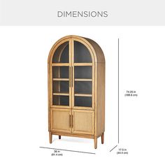 an image of a wooden display cabinet with glass doors and measurements for the top section