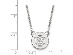 Rhodium over sterling silver polished NCAA licensed small disc pendant necklace with College of William and Mary team logo from LogoArt. Chain measures approximately 18"L x 1/16"W, charm measures 1/2"L x 1/2"W. Completes with lobster clasp. Silver Jewelry With Engraved Logo For Gift, Silver Round Laser Engraved Charm Necklace, Silver Charm Necklace With Laser Engraved Round Pendant, Silver Round Charm Necklace With Laser Engraving, Silver Laser Engraved Charm Necklace, Silver Laser Engraved Round Pendant Charm Necklace, Silver Jewelry With Engraved Logo, Silver Round Jewelry With Engraved Logo, Round Silver Laser Engraved Charm Necklace