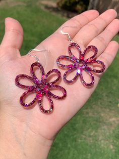 Big Pink Sparkly Flower Outline Earrings Handmade Hot Pink - Etsy Handmade Pink Plastic Earrings, Cute Party Earrings With Flower Shape, Retro Flower Earrings For Gift, Pink Resin Flower-shaped Earrings, Cute Flower Shaped Party Earrings, Flower Shaped Plastic Jewelry As Gift, Flower-shaped Plastic Jewelry As Gift, Flower-shaped Plastic Jewelry Gift, Plastic Flower-shaped Jewelry For Gifts