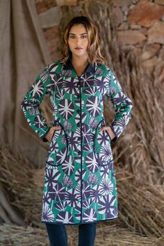 100% cotton quilted coat with green and black print all over is a must buy for the winter season. #jacketonline #womenjackets #sleevelessjacket #NavyasFashion