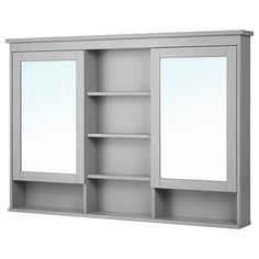 a white cabinet with two mirrors and shelves