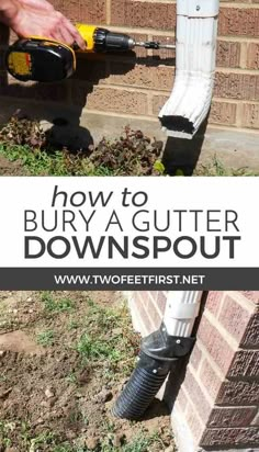 a person using a power drill to repair a gutter down spout on a brick wall