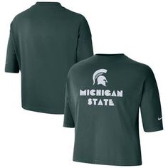 Handle warm weather game days in style with this Michigan State Spartans Crop T-shirt from Nike. This tee features Dri-FIT technology that keeps you cool and comfortable as you cheer your team to victory. This crop top is oversized for a cozy, loose fit, making it a perfect casual option for the big game. Screen print graphics Cropped design Officially licensed Brand: Nike Machine wash with garment inside out, tumble dry low Material: 57% Cotton/43% Polyester Crew neck Imported Short sleeve Dri- Nike Collegiate Tops With Letter Print, Nike Short Sleeve Tops For Fans, Nike Short Sleeve Fan Apparel Top, Nike Tops With Letter Print And Relaxed Fit, Nike Tops With Letter Print In Relaxed Fit, Nike Relaxed Fit Tops With Letter Print, Collegiate Nike Cotton Tops, Nike Green Graphic Tee, Nike Short Sleeve Top With Text Print