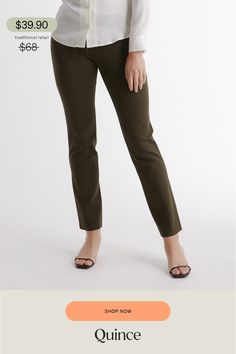 If dress pants and yoga pants had a kid - this would be it. The stretchy, performance knit makes these pants equally appropriate for work or the couch.  | Quince | Women's Ponte Straight Leg Pants in Olive, Ultra-Stretch Versatile Pant, Size Large, Rayon Fitted Straight Pants With Pull-on Style, Green 4-way Stretch Elastane Pants, Solid Straight Pants With 4-way Stretch, Versatile Straight Yoga Pants In Elastane, Stretch Solid Pants With Pull-on Style, Elastane Pull-on Pants, Solid Stretch Straight Dress Pants, Pull-on Elastane Pants, Stretch Leggings With Elastic Waistband