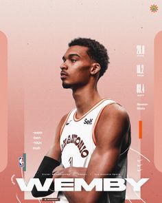 a basketball player is standing in front of a pink and orange background with the words wemby on it