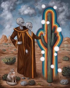 a painting of two people standing next to a cactus with lights in the shape of heads