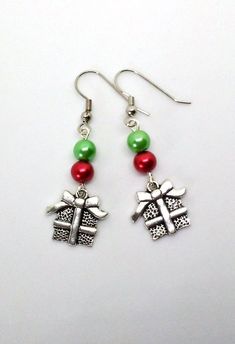 Christmas Package Beaded Earrings, Present Charms, Dangle Earrings, Christmas Earrings, Gift Charms, Sassy Earrings, Christmas Jewelry Holiday Jewelry With Matching Earrings, Nickel-free Festive Jewelry, Holiday Dangle Earrings With Ear Wire, Festive Christmas Jewelry With Matching Earrings, Gift Drop Earrings With Dangling Charms, Green Jewelry With Dangling Charms For Gift, Green Jewelry With Dangling Charms As Gift, Holiday Dangle Jewelry With Matching Earrings, Holiday Jewelry With Matching Dangle Earrings