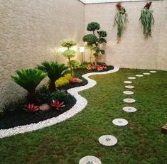 an outdoor garden with stepping stones and plants