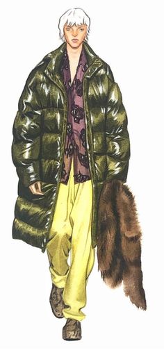 a man in a green jacket and yellow pants is walking down the runway with a fur hat on his head