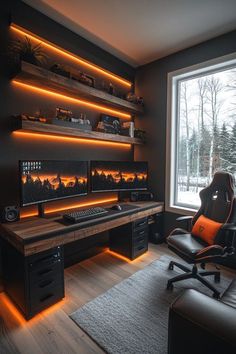 a computer desk sitting in front of a large window next to a black leather chair