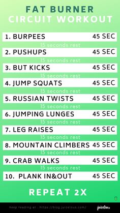 a green and white workout poster with the words fatburner circuit workout on it