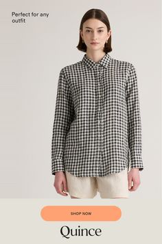 The wash, dry, and go linen shirt you've been waiting for. Chic yet casual, this classic button-up is a true wardrobe essential. Did we mention, it goes with just about everything? Including our organic linen pants.  | Quince | Women's Long Sleeve Shirt in Khaki / Black Gingham, Size Medium, Linen Spring Plaid Linen Shirt, Classic Plaid Linen Shirt, Classic Plaid Shirt For Daywear, Gingham Long Sleeve Workwear Shirt, Gingham Long Sleeve Work Shirt, Gingham Long Sleeve Shirt For Workwear, Gingham Long Sleeve Shirt For Work, Long Sleeve Gingham Shirt For Work, Classic Plaid Shirt For Everyday