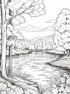 a black and white drawing of a lake surrounded by trees