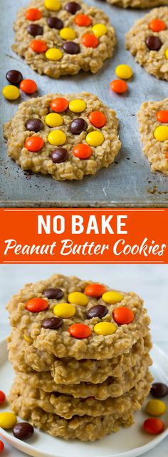 no bake peanut butter cookies are stacked on top of each other and ready to be eaten