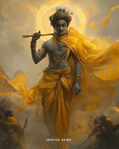 a painting of a hindu god holding a stick in his right hand and walking through the clouds