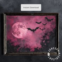 bats flying in front of a full moon with pink clouds and trees on the background