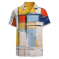 Introducing our vibrant button-down shirt featuring a Piet Mondrian-inspired graphic design, sure to elevate your wardrobe with its artistic flair. Crafted from 100% polyester, this shirt offers premium quality with a soft, comfortable, and lightweight fabric. The retro V-neck design and short sleeves lend a timeless appeal, while the buttoned front ensures easy wearability. Its loose, large size design makes it suitable for a wide range of body types, ensuring a comfortable fit for most wearers Luxury Multicolor Abstract Print Shirt, Multicolor Abstract Print Button-up Shirt, Piet Mondrian, Shenzhen, Mens Oxfords, Neck Designs, Short Sleeve Shirt, Button Down Shirt, Comfort Fit