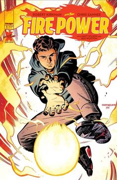 a comic book cover with a man flying through the air and holding an object in his hand