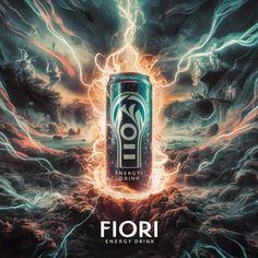 a can of fiori energy drink surrounded by lightning