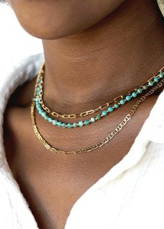 Chiseled out of natural turquoise stone, the faceted blue gemstones featured on this beaded choker necklace flaunt subtle flashes of luminosity accentuated with the gleam of gold-filled accents. ✦ DETAILS ✦ ✧ Name: Ho'onani - (ho-oh-NAH-nee) - adornment. ✧ Adjustable Length from: 15"-17". ✧ Genuine 4mm Faceted Turquoise Beads. ✧ 14kt Gold Filled Components, Extender, and Clasp. ✧ Other Gold Necklaces Sold Separately. ✧ All Ke Aloha Jewelry pieces come packaged thoughtfully, beautifully, and read Three Necklace Set, Turquoise Beaded Necklace, Three Necklaces, Hawaii Jewelry, Gemstone Hoop Earrings, Natural Turquoise Stone, Heirlooms Jewelry, Layered Necklace Set, Turquoise Bead Necklaces