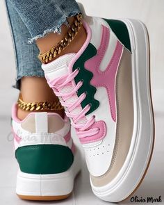 Olivia Mark - Lace-up Sneakers featuring Colorblock Design and Breathable Materials Casual Pink Color Block Sneakers, White Casual Sneakers With Contrast Color, Casual White Sneakers With Contrast Color, Trendy Green Color Block Sneakers, Olivia Mark, Color Blocking, Lace Up, Sneakers, Lace