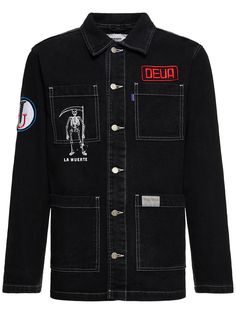 Front button closure. Embroidered patch details. Four front patch pockets. Model is wearing a sizeM Black Denim Jacket, Cool Jackets, Mens Outerwear, Embroidered Patch, Embroidered Patches, Outerwear Jackets, Patch Pocket, Black Men, Screw