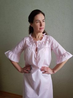 Amazing vintage nightgown. Delicate night dress with embroidery and lace. Pale pink colour. Cotton, is gentle, light and pleasant to the body. Excellent condition!! Size S/M. Model is size M 170cm growth. **This item will come to you freshly laundered and ready to wear. **If you want to purchase more items, please message me, I will make a special price and delivery. Pink Summer Nightgown For Home, Feminine Pink Nightgown, Pink Feminine Nightgown, Feminine Spring Nightgown, Pink Lace Trim Chemise For Daywear, Feminine Nightgown With Lace Trim For Home, Feminine Lace Trim Nightgown For Home, Pink V-neck Nightgown For Home, Feminine Pink Chemise For Spring