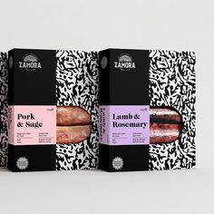 three boxes with different types of sausages on them, one pink and the other black