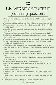 a green poster with the words 20 university student journal questions on it, and an image of